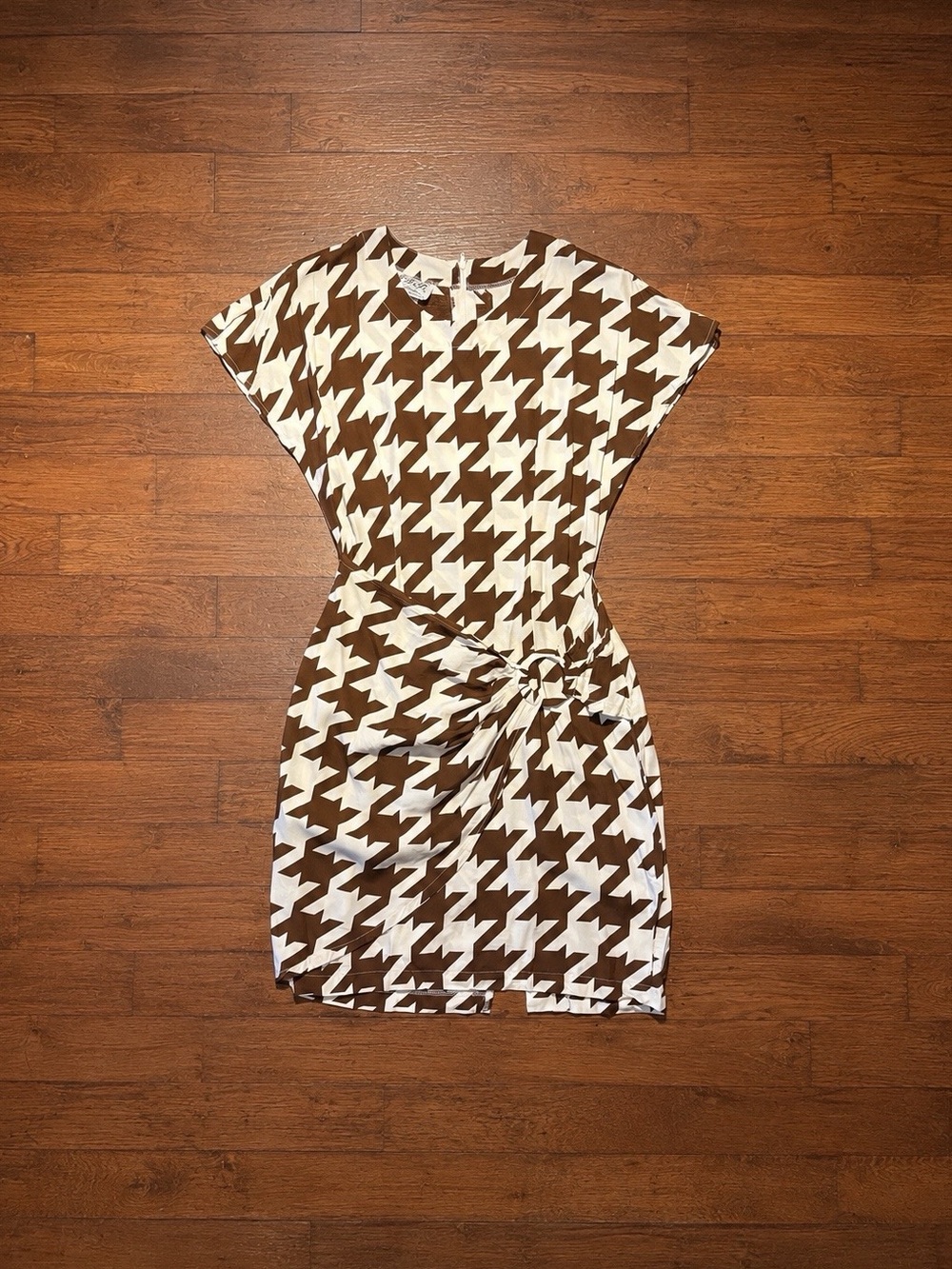 VTG 80s Brown & White Houndstooth Patterned Mini Dress